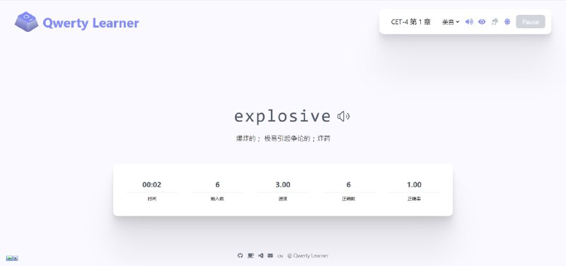 #GitHub #发现 #计算机 #English #打字 #SelfHost▌qwerty-learner为键盘工作者设计的单词记忆与英语肌肉记忆锻炼软件▌💡特性词库常用的 CET-4 、CET-6 、GMAT 、GRE 、IELTS 、SAT 、TOEFL 、考研英语、专业四级英语、专业八级英语，也有程序员常见英语单词以及多种编程语言 API 相关词汇

人教版英语三年级～九年级、高中必修1～必修11，新概念英语1～4册，外研版七年级～九年级，北师大版英语……

日语常用词、N1、N2、N3、N4、N5相关词汇

显示打字用时/输入数/速度/正确数/正确率显示词典/章节快速选择、英/美式/日语音标键盘音打开/关闭、单词/音标显示/关闭夜间模式/日间模式切换自托管可以直接本地服务器运行或者部署到GitHub Pages、Vercel、Render、Cloudlfare Pages等支持静态托管的平台GitHub | Website频道 @DejavuBlog群组 @DejavuGroup
