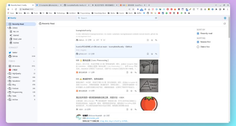 #RSS #稍后读HuntlyHuntly 是一个自托管的信息管理工具，简单来说，它包含以下功能